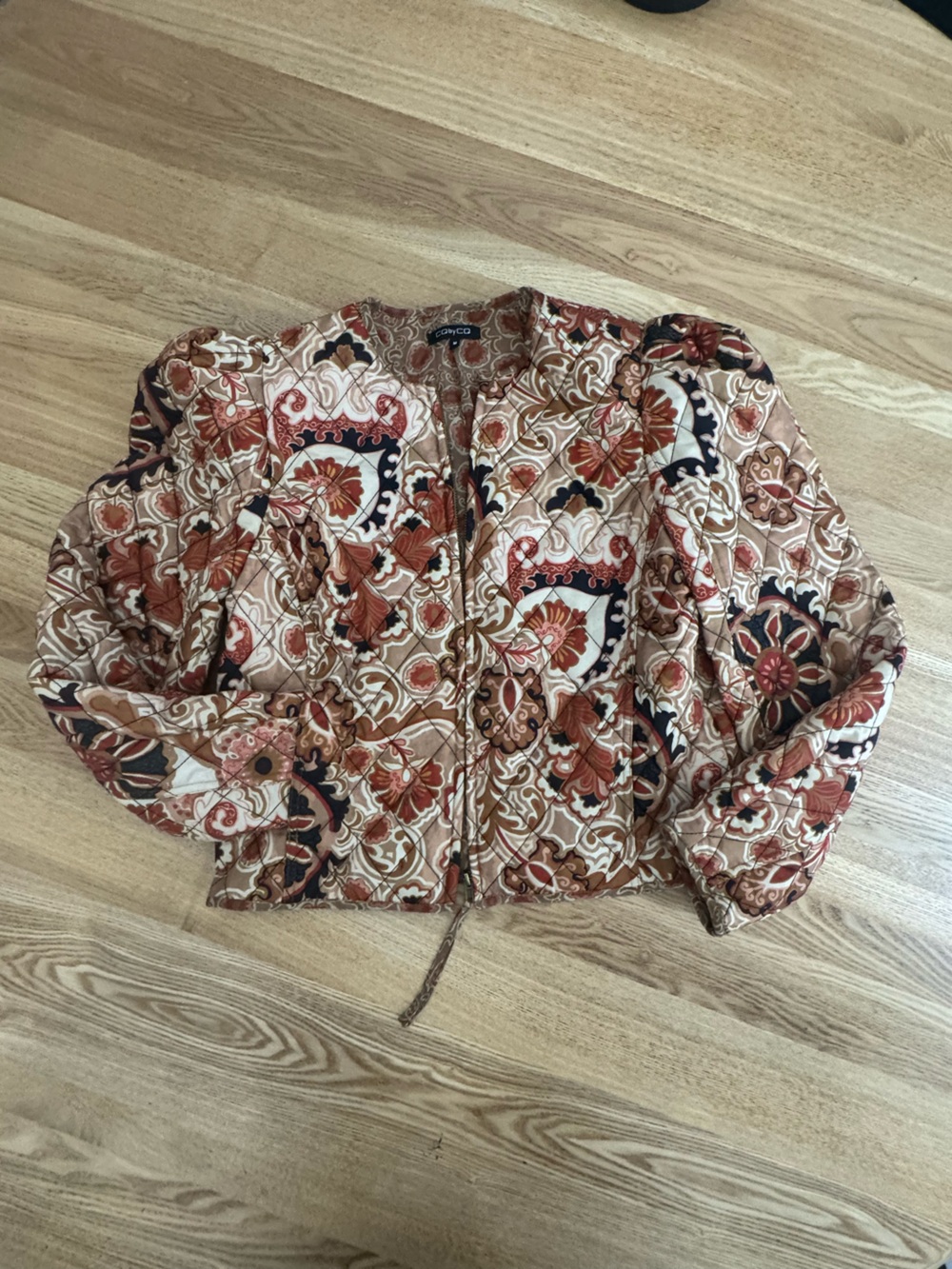 Quilted Floral-Print Bomber Jacket in Warm Tan Multicolor